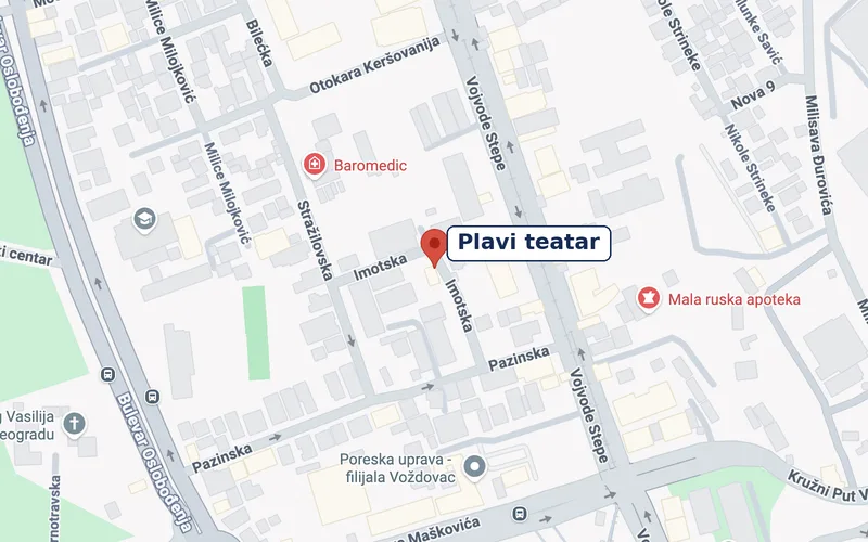 Mapa: Plavi teatar se nalazi u Imotskoj ulici, između Vojvode Stepe i Bulevara oslobođenja, na Voždovcu